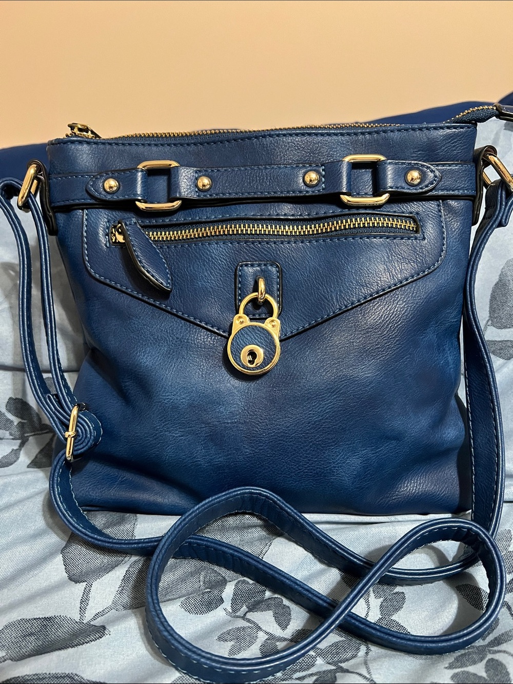 Diophy Blue PU Leather Crossbody Bag with Gold Hardware